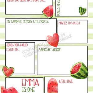 First Birthday Time Capsule Printable 1st Birthday Time Capsule One in a Melon First BirthdayParty Watermelon Birthday Wishes image 2