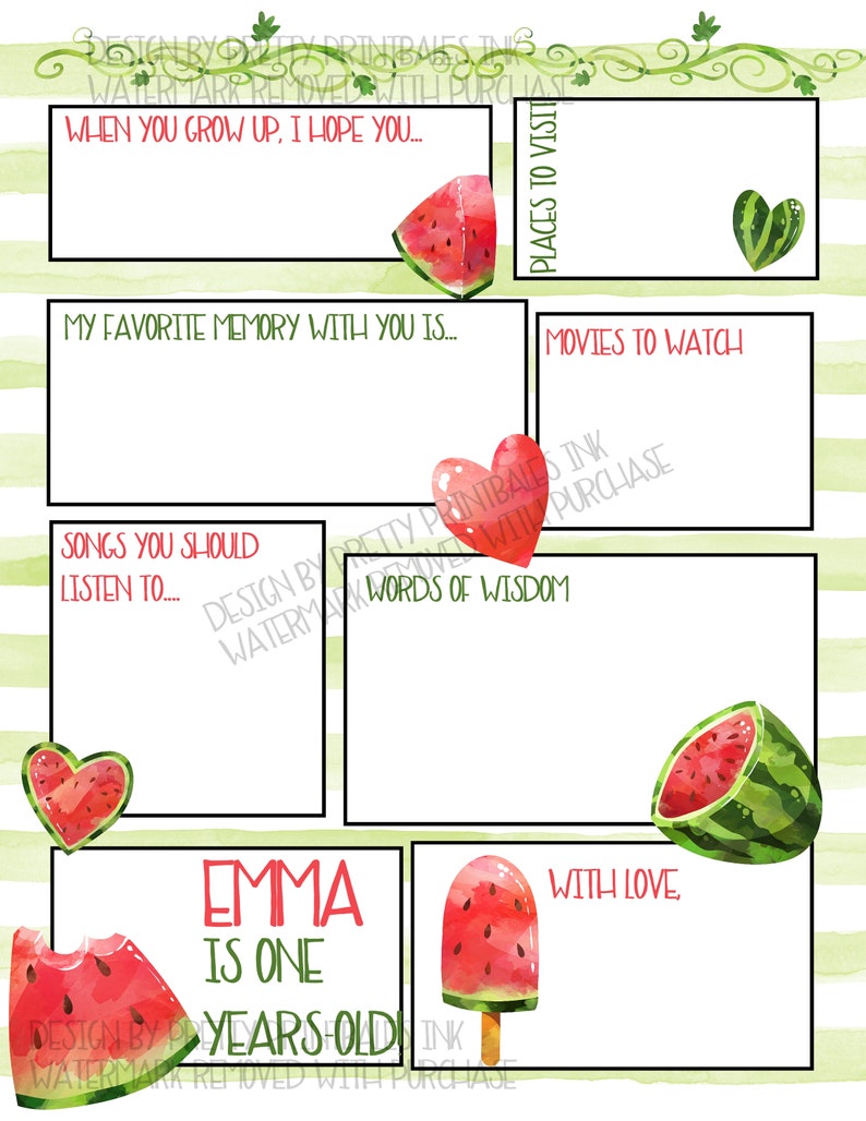 First Birthday Time Capsule Printable 1st Birthday Time Capsule One in a Melon First BirthdayParty Watermelon Birthday Wishes image 2