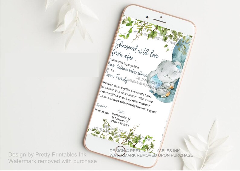 Blue elephant baby shower by mail invitation on an iPhone to shower how invitation looks as an evite.