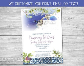 Greek bridal shower invitation printable, blue tile bridal shower invite, Mediterranean bridal shower invite, Greece Invitation with Olives