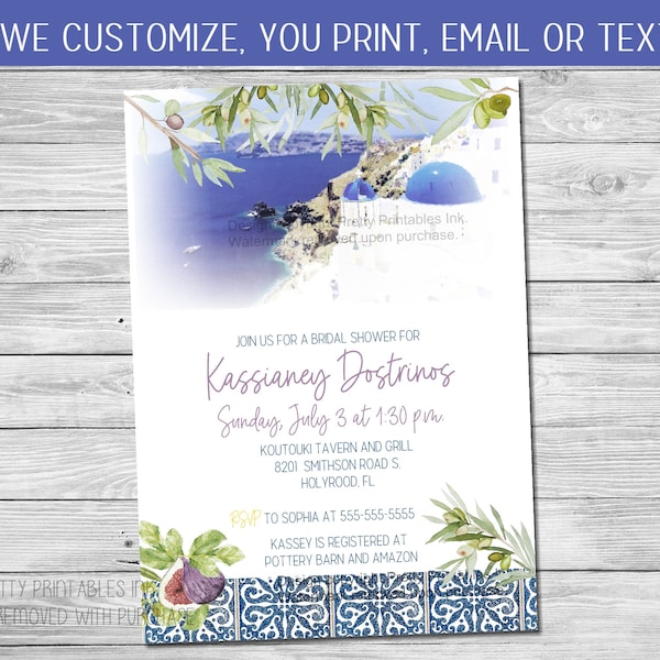 Greek bridal shower invitation printable, blue tile bridal shower invite, Mediterranean bridal shower invite, Greece Invitation with Olives