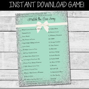 Bridal shower game printable, love song game, glitter bridal shower games, virutal bridal shower game, match the love song game image 1