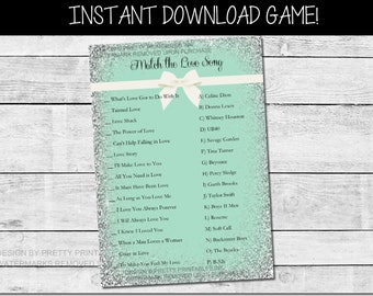 Bridal shower game printable, love song game,  glitter bridal shower games, virutal bridal shower game, match the love song game