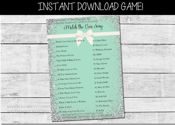 Bridal shower game printable, love song game, glitter bridal shower games, virutal bridal shower game, match the love song game Il_570xn