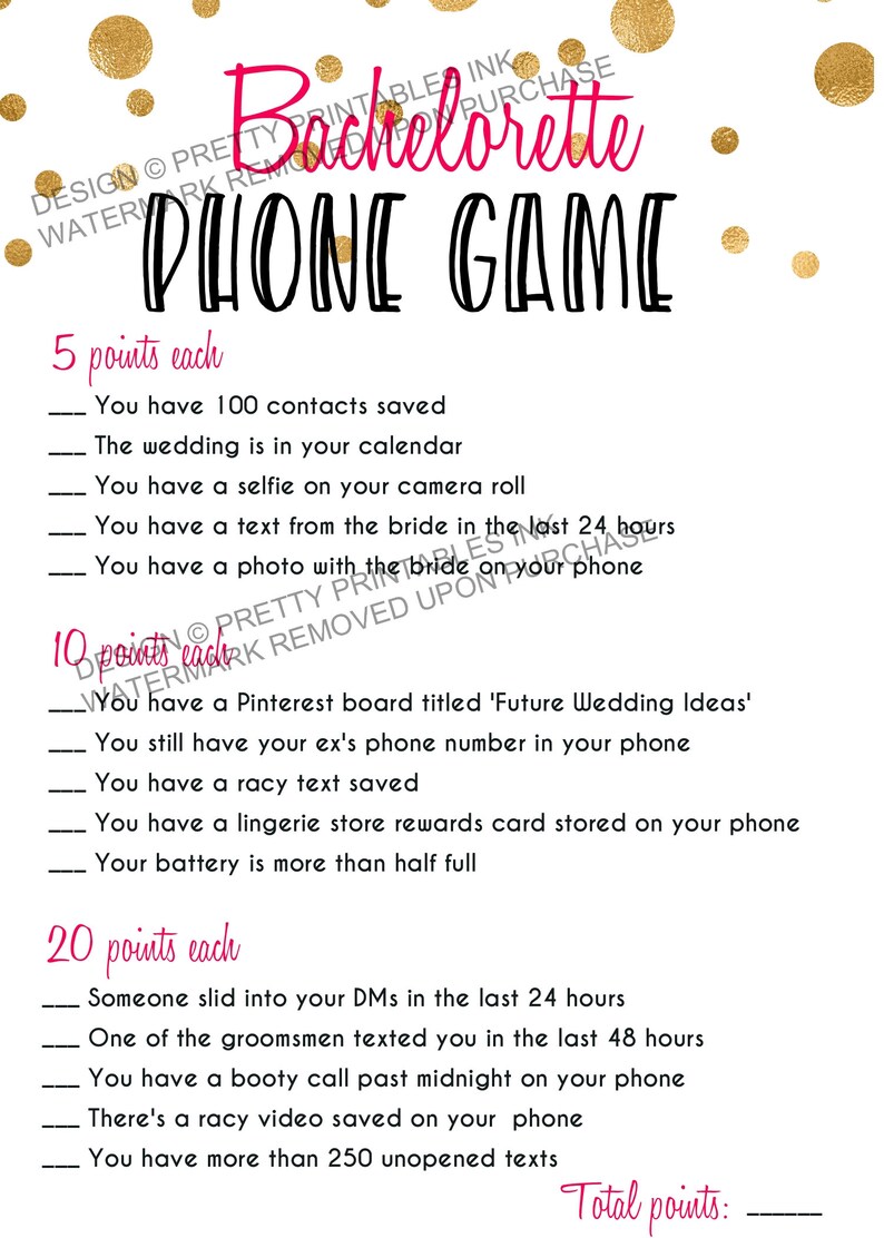 Bachelorette phone game with gold foil dots at the top, hot pink lettering and black lettering.