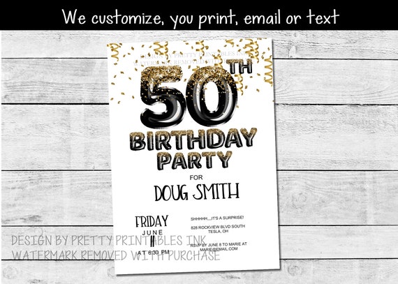 50th birthday party invitation, printable 50th birthday invitation, black and gold birthday invitation, adult birthday invitation Il_570xn