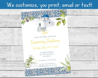 Greek bridal shower invitation printable |  Mediterranean bridal shower invite | Blue tile bridal shower invite | Olive Bridal Shower Invite