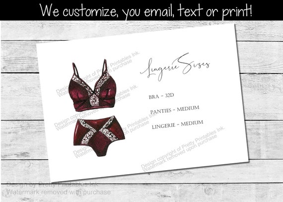 Printable Lingerie Size Insert | Lingerie Size Card | Lingerie Shower Size Card | Bride's Measurements Card | Bra and Panty Size Card Il_570xn