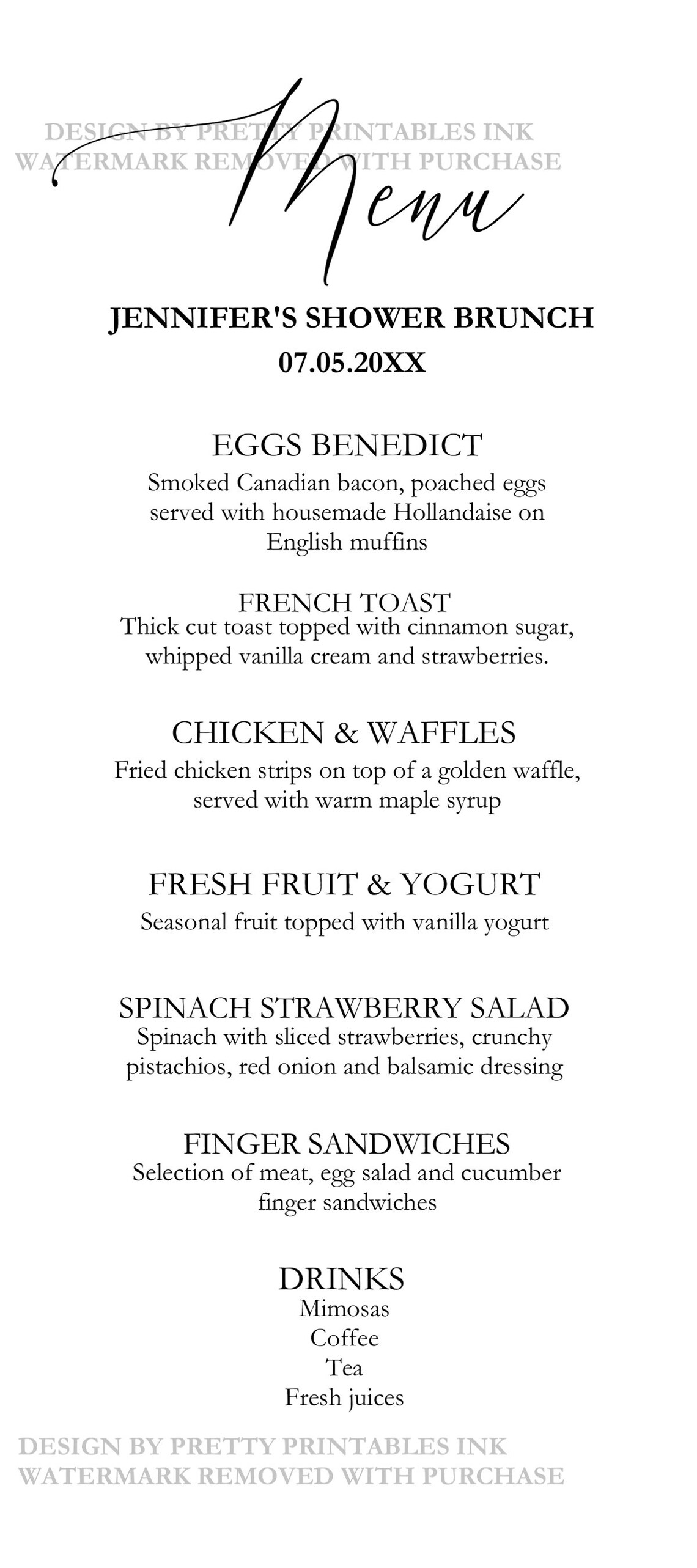 Printable Bridal Shower Menu Minimalist Menu Modern Menu Etsy