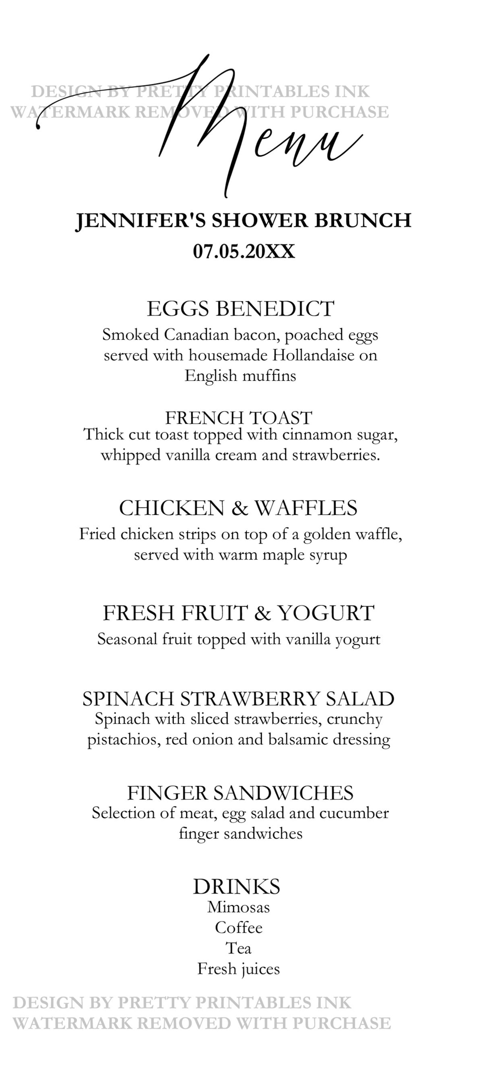 Printable Bridal Shower Menu Minimalist Menu Modern Menu Etsy