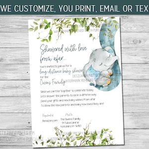 Shower by mail baby shower invitation featuring blue elephant and greenery