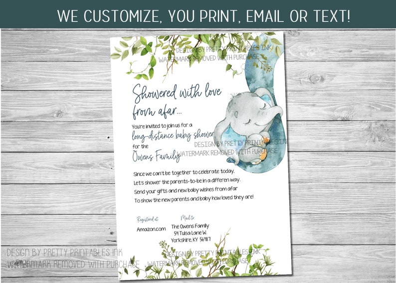 Shower by mail baby shower invitation featuring blue elephant and greenery