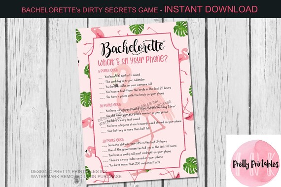 Printable flamingo bachelorette game, bachelorette phone game, what's in your phone game Il_570xn
