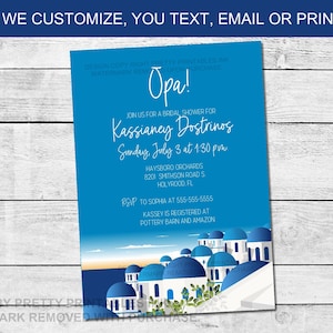 Santorini Duschen Einladung Printable |  Griechisch Brautparty Einladung | Mediterrane Brautparty-Einladung | Reise-Brautdusche