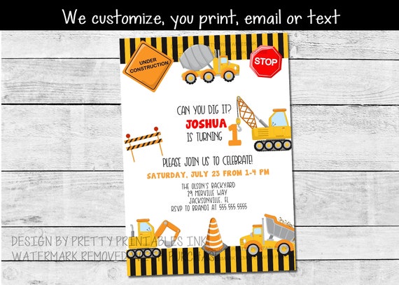 Printable first birthday invitation, 1st birthday party invitation, boy 1st birthday invitation, construction birthday invite, digger invite Il_570xn