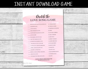 Bridal shower game printable, love song game, blush bridal shower games, match the love song game, name that tune game, match the song game