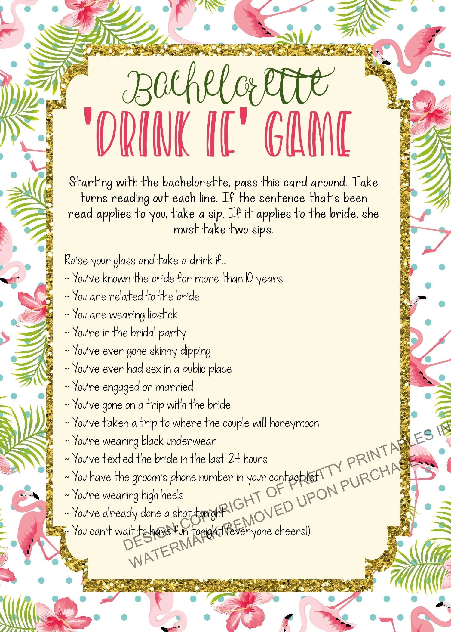 Drink If Bachelorette Game Bachelorette Party Game Flamingo - Etsy