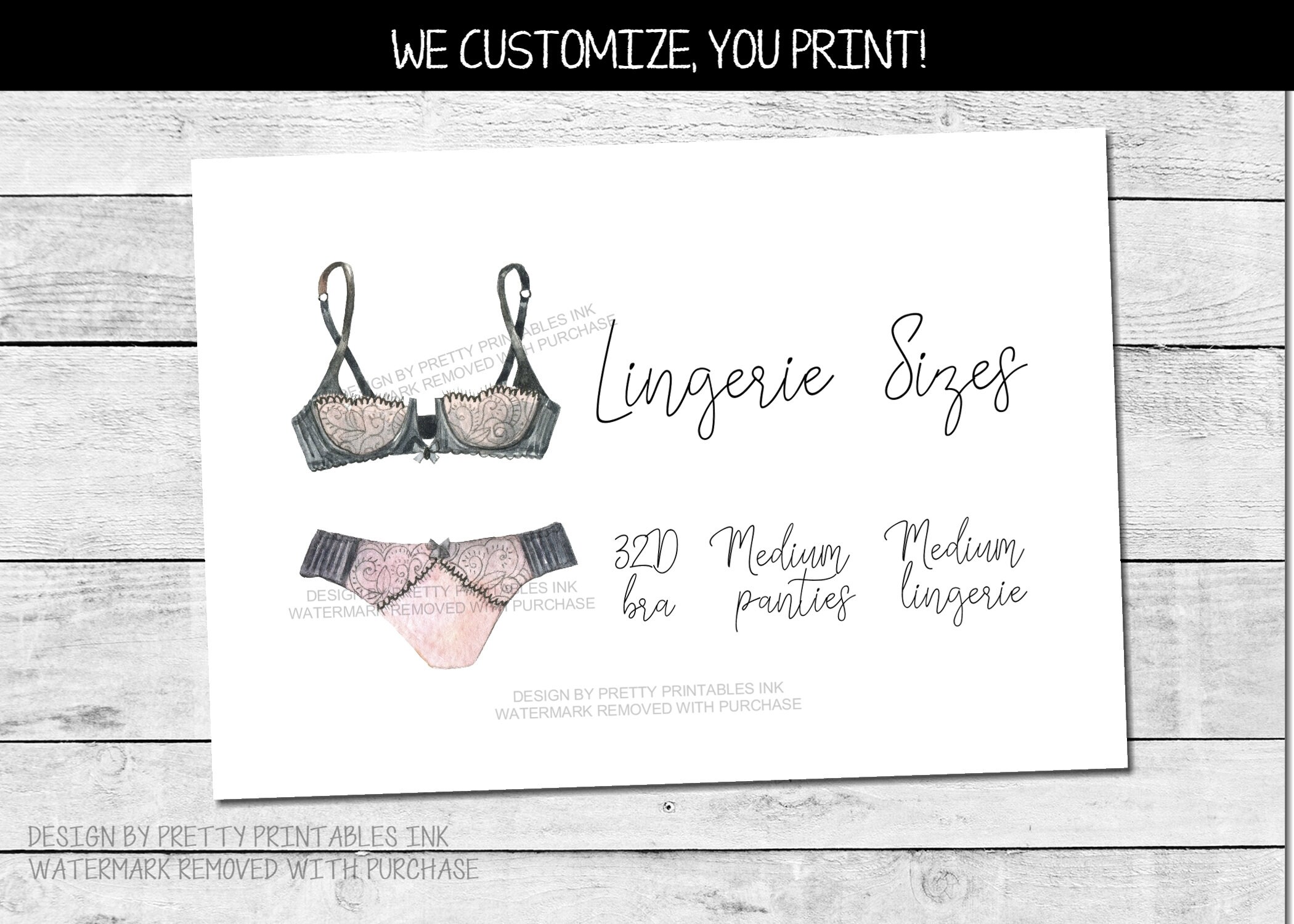 Invitations Lingerie Insert Card Bra Panty Size Card for Lingerie ...