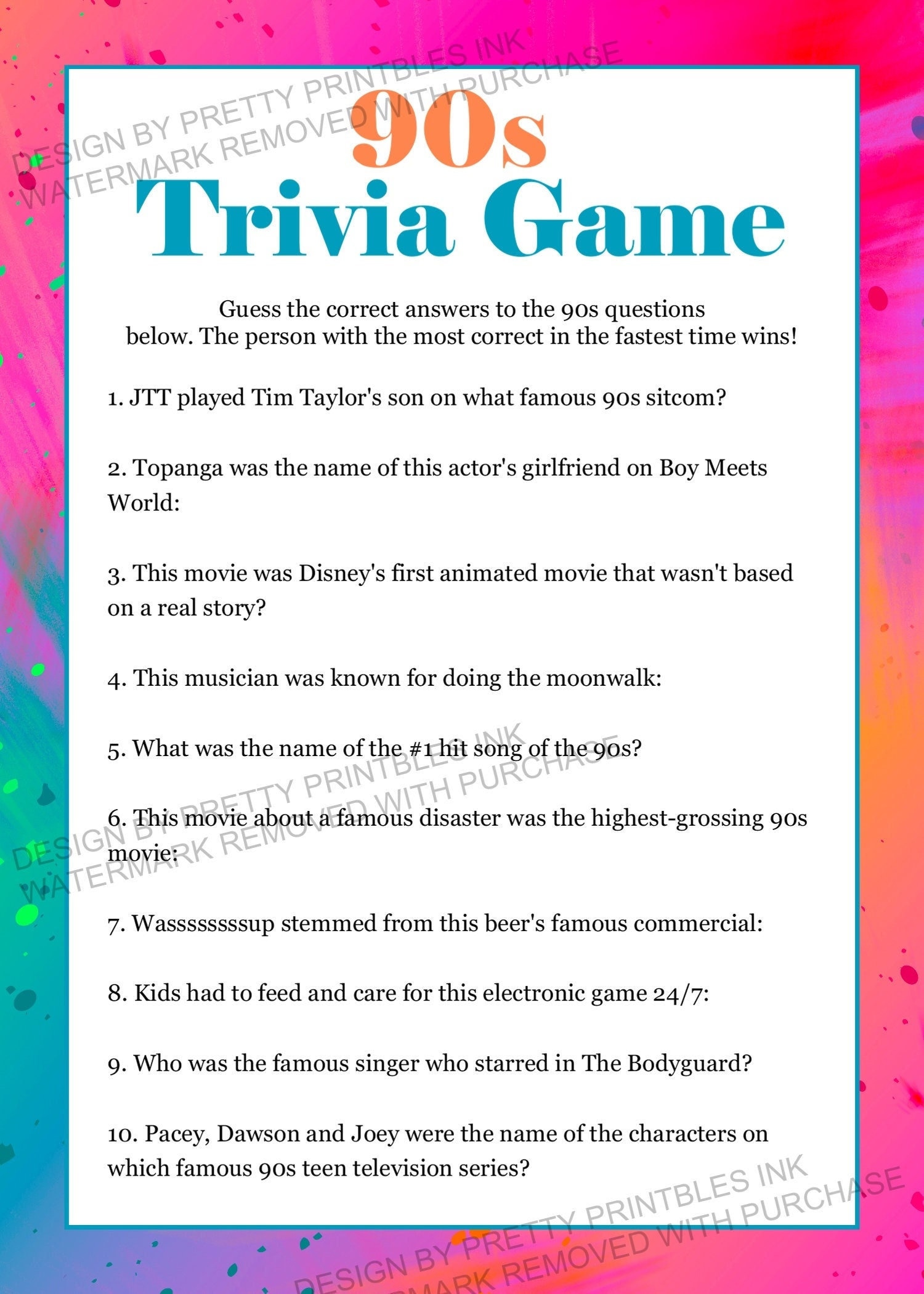 #034;LOVING 90'S / TRIVIA GAME" (100 QUESTIONS +