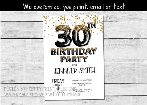 30th birthday party invitation, printable 30th birthday invitation, black and gold birthday invitation, adult birthday invitation Il_570xn
