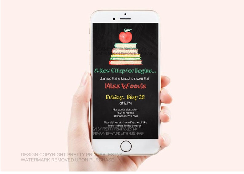 Teacher bridal shower invitation on an iPhone to show what the invitation looks like when it's sent as an e-vite via text or email.