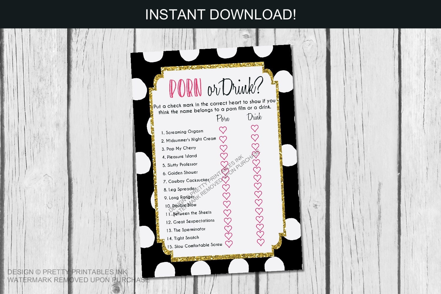 Instant download porn or drink game, drink or porn game, printable bachelorette game, drinking game, bachelorette party game, hen party game