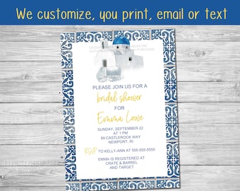 Printable Greek bridal shower invitation, blue tile bridal shower invite, Mediterranean bridal shower invite