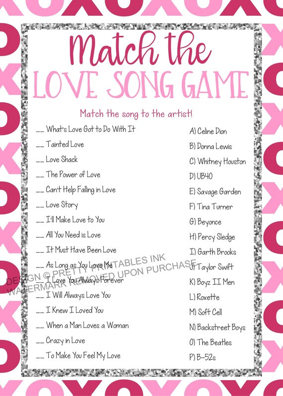 Printable Valentine's Day game, Valentine's Party Game, Galentine's game, virtual Galentine's party game, Match the Love Song Game Il_570xn