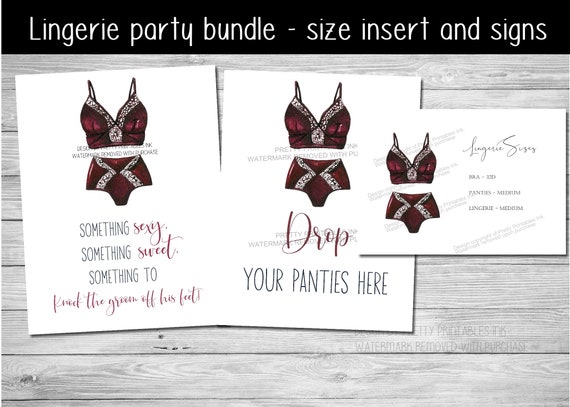 Printable lingerie shower bundle, lingerie party bundle, purple lingerie size card, lingerie drop your panties sign. sexy and sweet sign Il_570xn