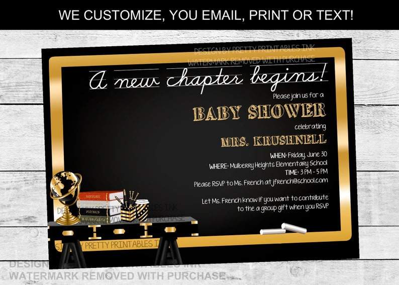 Teacher baby shower invitation - black and gold desk