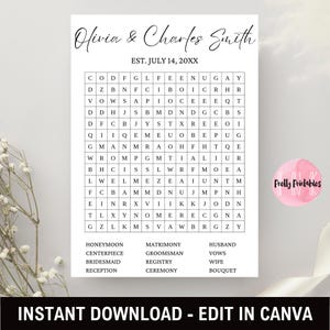 Gioco di ricerca di parole minimalista per matrimoni - Modifica in Canva, gioco per ricevimento di nozze, modello di ricerca di parole modificabile, attività per gli ospiti del matrimonio