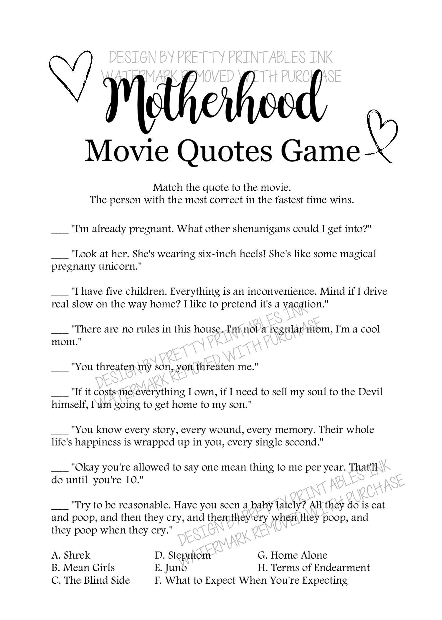 Baby Shower Game Printable | Mother's Day Game | Minimalist Baby Shower Game | Baby Movie Quote Game | Motherhood Game Instant Download