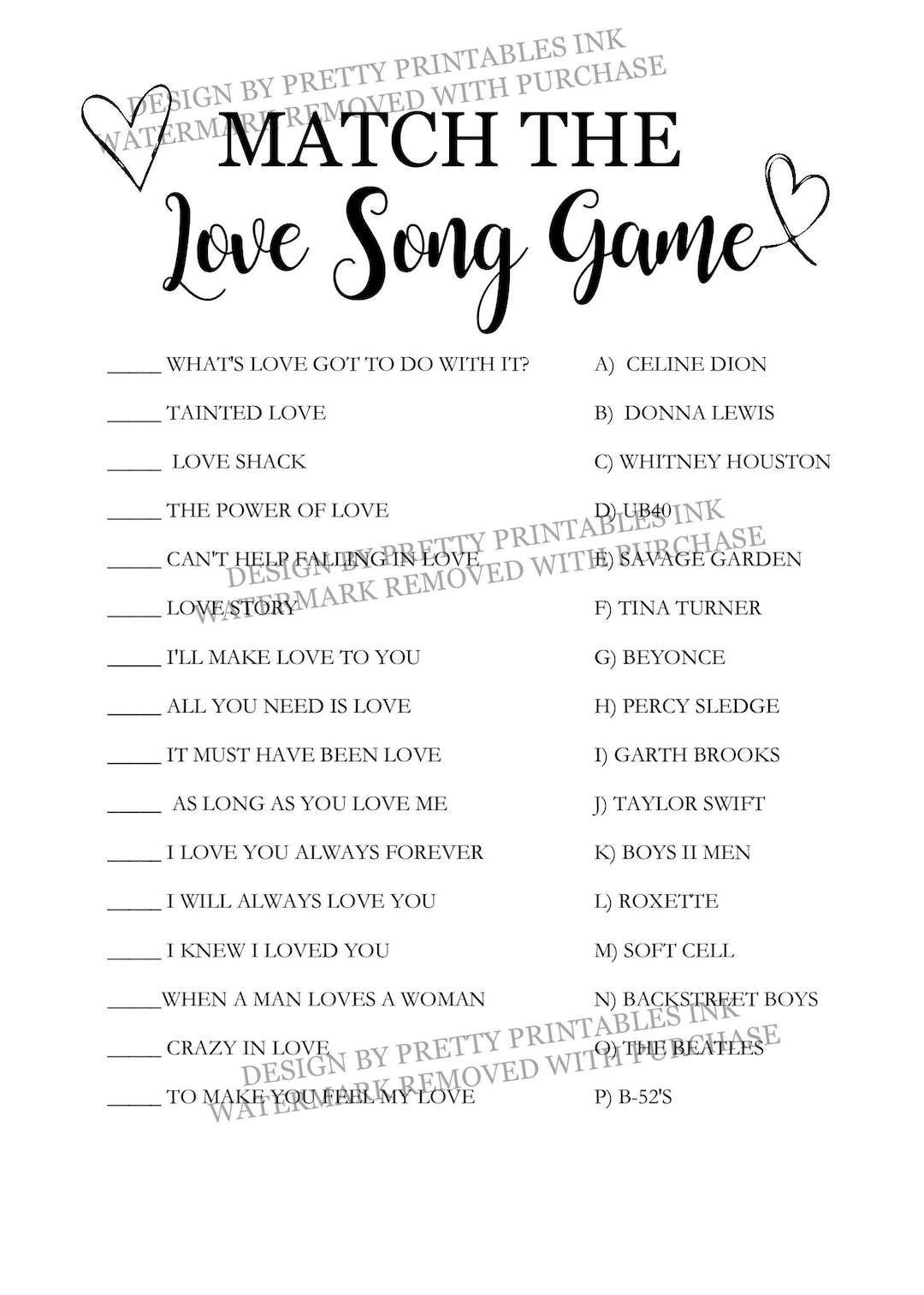 Love Song Trivia Game, Love Song Quiz, Match the Love Song Game, Bridal