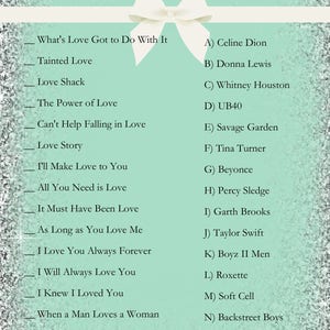 Bridal shower game printable, love song game, glitter bridal shower games, virutal bridal shower game, match the love song game image 2