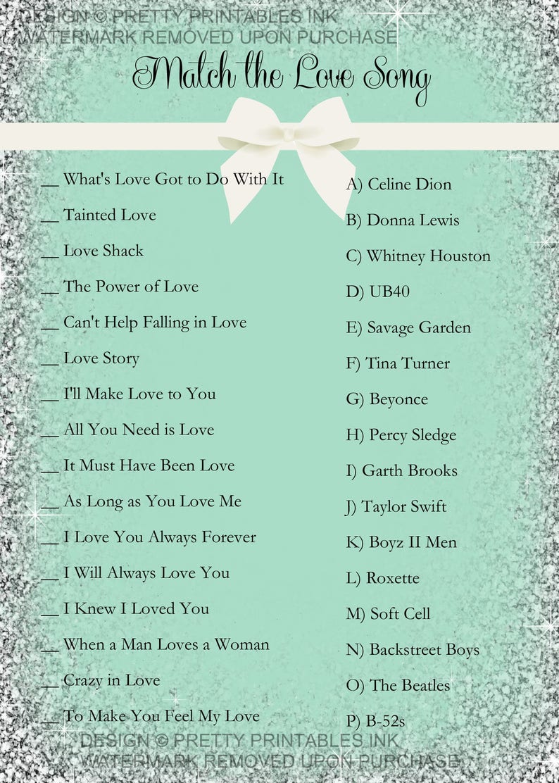 Bridal shower game printable, love song game, glitter bridal shower games, virutal bridal shower game, match the love song game image 2