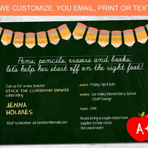New teacher shower invitation, teacher grad invitation, stock the classroom shower invite, new teacher party invite, teacher supply shower
