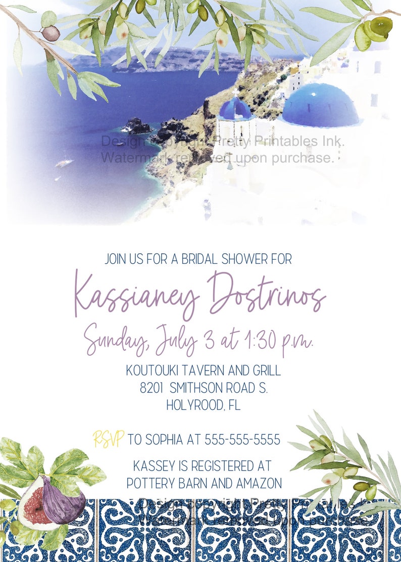 Watercolor Greek bridal shower invitation