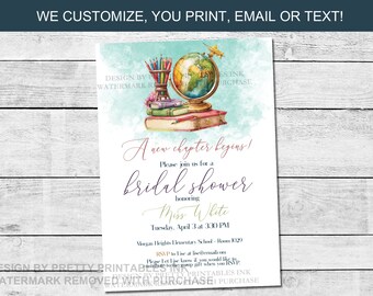 Printable teacher bridal shower invitation |  classroom shower invitation | teacher shower invite | a new chapter begins shower invitation