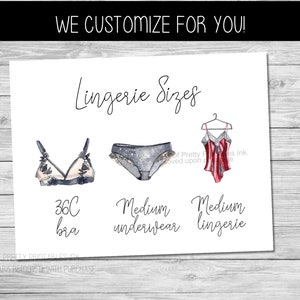 Printable lingerie size card | Lingerie Size Insert | Bride&#39;s Measurements Card | Lingerie Shower Insert | Bra and Panty Size Card