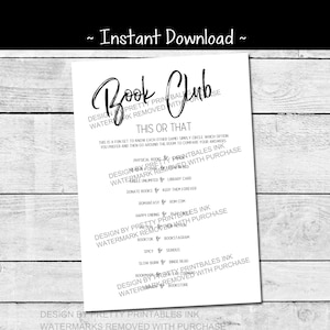Book Club Game Printable, Book Club This or That Game, Book Club Activity, Book Club Icebreaker Game, Bookish Games, Book Club Get to Know