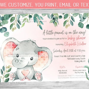 Pink elephant baby shower invitation with eucalyptus greenery at the top and a little peanut is on the way