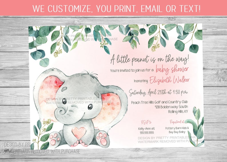 Pink elephant baby shower invitation with eucalyptus greenery at the top and a little peanut is on the way