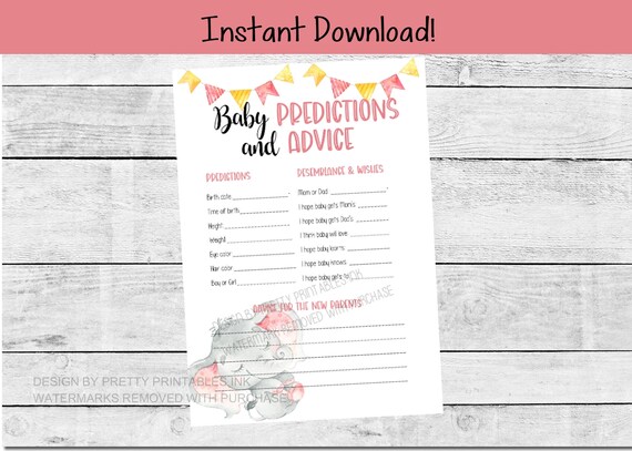Baby Shower Game Printable | Baby Predictions Game | Girl Baby Shower Game | Pink Elephant Baby Shower Game | Baby Advice Card Il_570xn