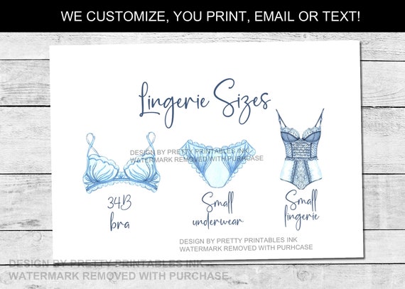 Lingerie Size Card Printable Lingerie Size Insert Bride s 