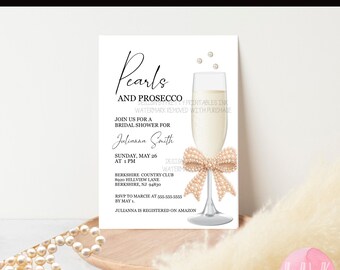 Parels en Prosecco vrijgezellenfeestuitnodiging, elegant champagne ontwerp met parelstrik (We Edit)