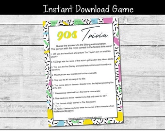 90s Party Game | 90s Trivia Game Printable | Girls Night Game | Back to the 90s Game | Adult Game | 90s Theme Party | 90s Bachelorette Game