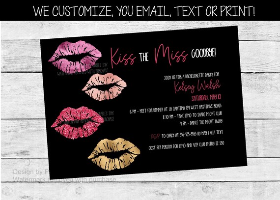 Kiss the Miss Goodbye Bachelorette Party Invitation, Printable ...