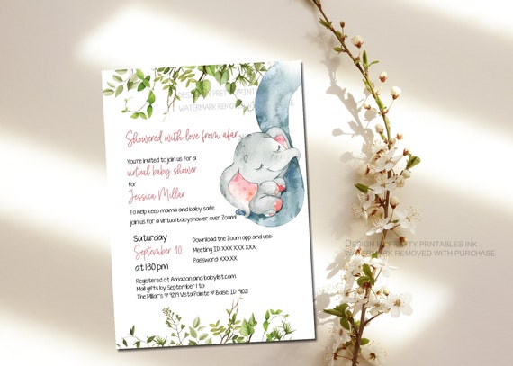Girl Virtual Baby Shower Invitation | Elephant Virtual Baby Shower Invitation | Girl Long Distance Shower Invitation | Online Shower Invite Il_570xn