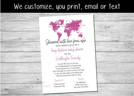 Girl Baby Shower By Mail Invitation Printable, Girl Long Distance Shower Invitation, Map Shower By Mail Invite, Virtual Baby Shower Invite Il_570xn