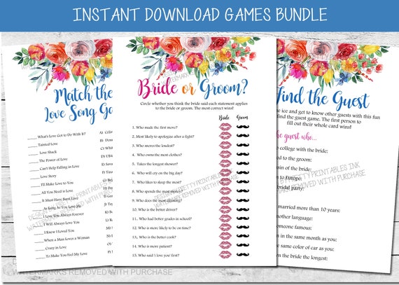 Bridal Shower Games, Floral Wedding Shower Games, Spring Shower Games, Summer Bridal Shower Games, Bride or Groom Quiz, Love Song Game Il_570xn